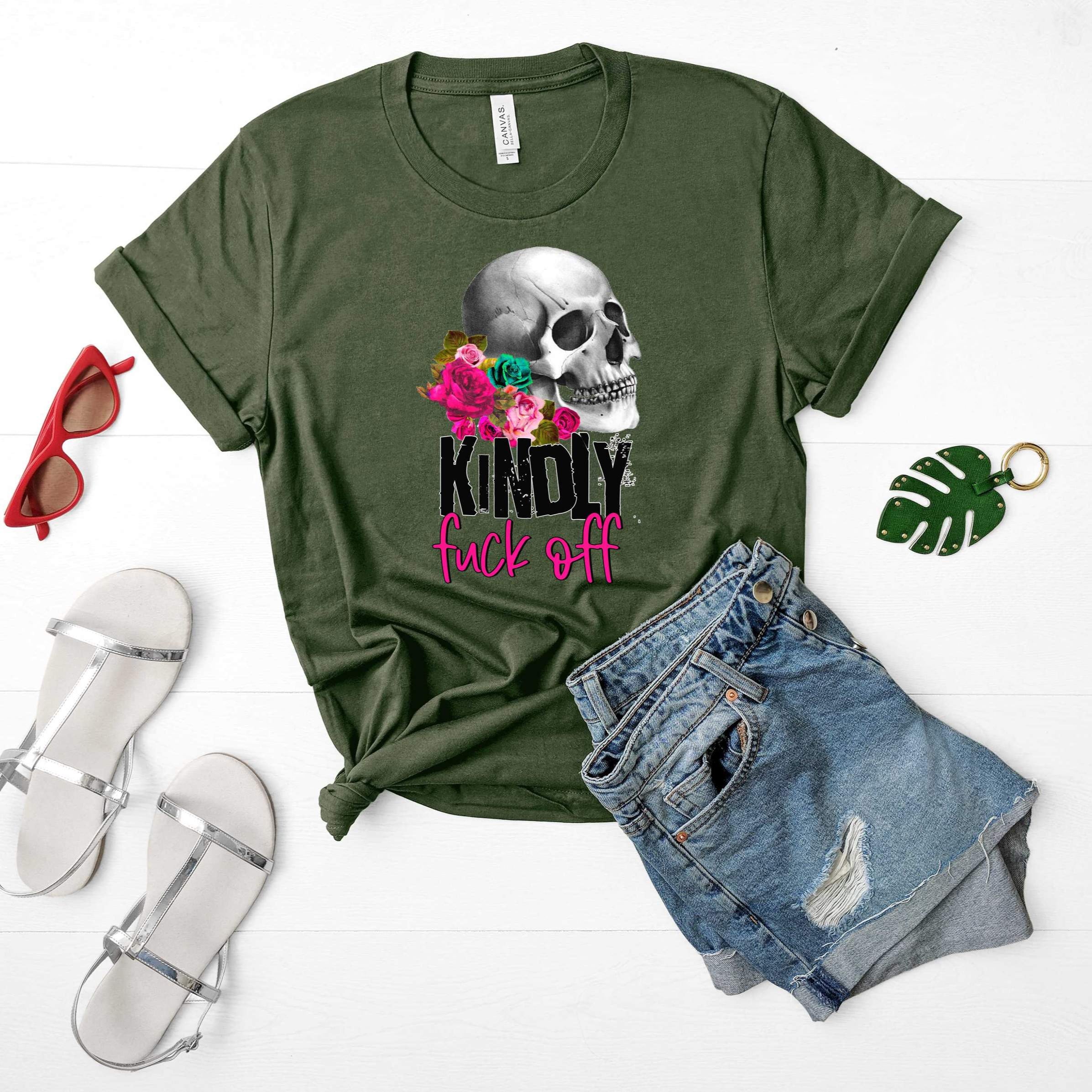 "Kindly Fuck Off" Skull & Floral Graphic Tee